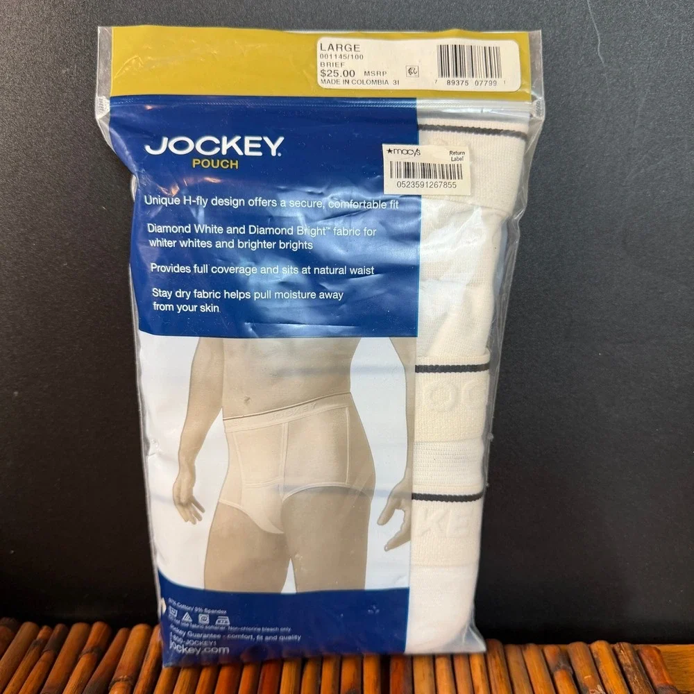 2012 Jockey Pouch Briefs Mens Large White Cotton Stretch‎ H-Fly 3-Pack New